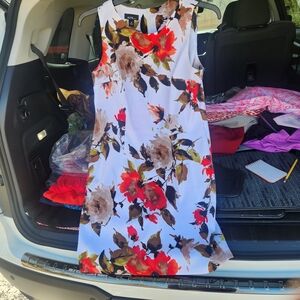 Alyx Floral Midi Dress - White, Red, Brown